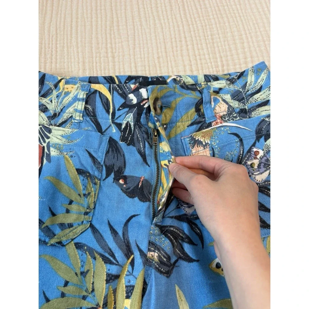 Anthropologie Maeve‎ Colette Pants Wide-Leg Linen Blue Tropical Print Size 4P